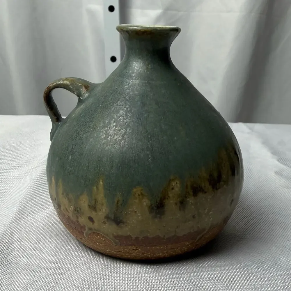 VTG Mingei Style Studio Pottery Stoneware Jug Bud Vase Drip Glaze Blue Green - Picture 2 of 10